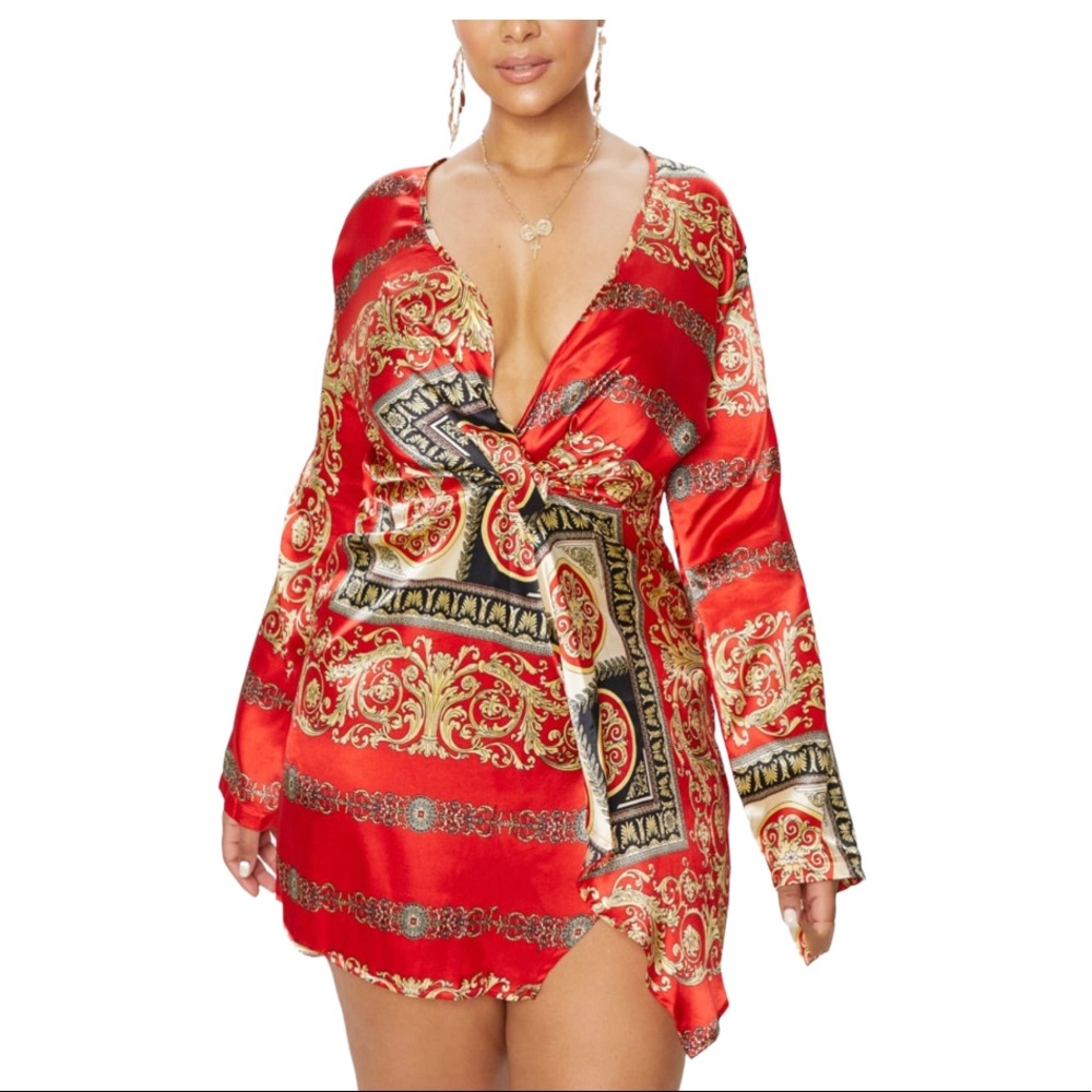 Pretty little thing Plus Sz 12  Knee Length Red Frill Detail Faux Wrap Dress